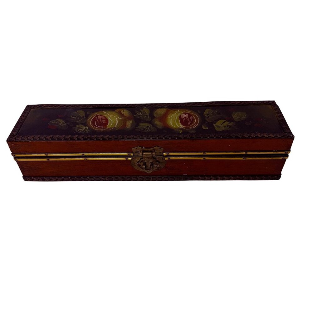 Vintage Hand Painted Wooden Jewelry Box with Roses, Folk Art Floral Storage Ches